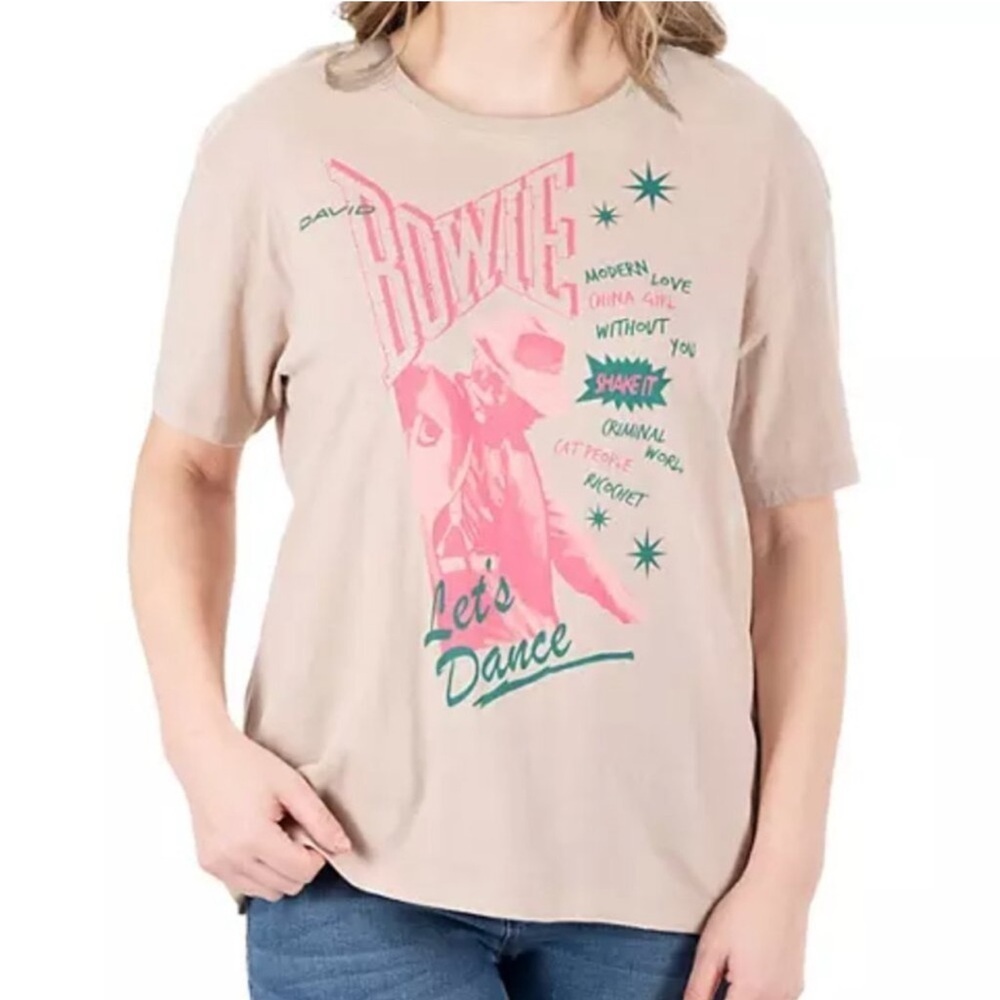 David Bowie Graphic Band T-shirt Let’s Dance Large Tan Pink Green Women’s